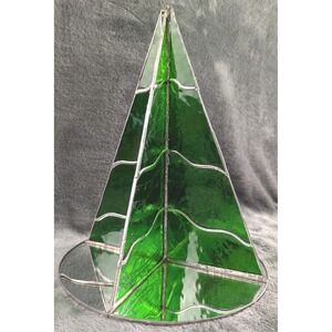 Handcrafted Stained Glass Christmas Tree with Mirrored Base – 9.5" Holiday Decor